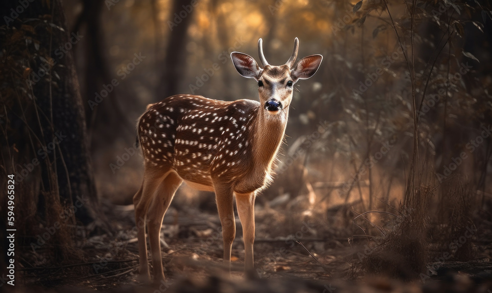 photo of chital, also called Spotted Deer in its natural habitat. Generative AI photo of chital, also called Spotted Deer in its natural habitat. Generative AI