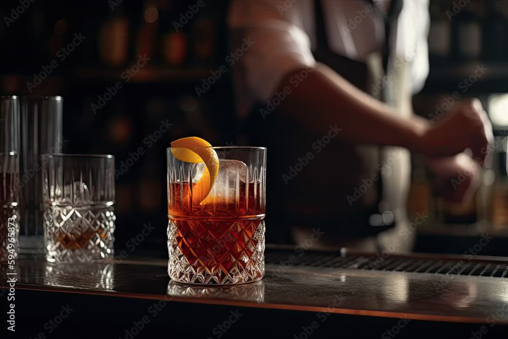 Glass of whiskey with an orange slice and ice on a bar counter against a blurred barman. Generative AI