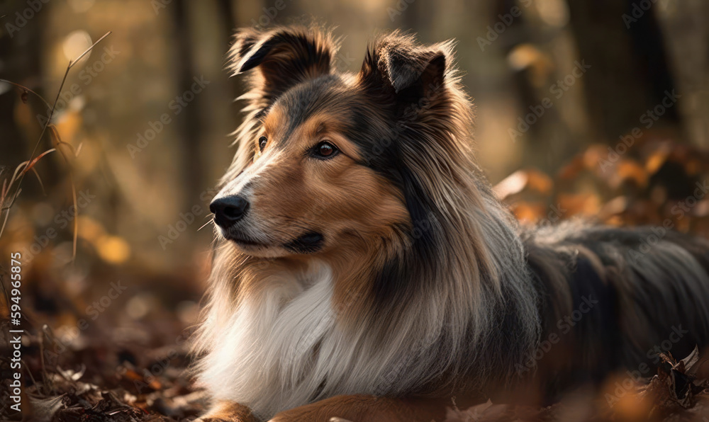 close up photo of collie, working dog breed, on blurry forest background. Generative AI