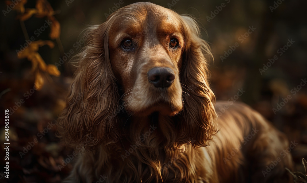 sunset close up photo of cocker spaniel on blurry forest background. Generative AI sunset close up photo of cocker spaniel on blurry forest background. Generative AI