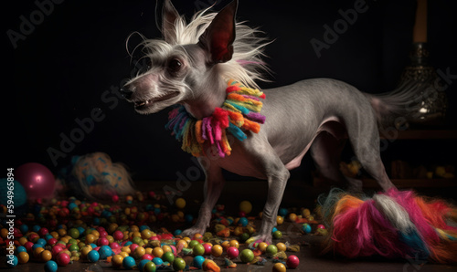 Photo of Chinese crested, captured in a playful moment as it leaps over a pile of colorful dog toys.