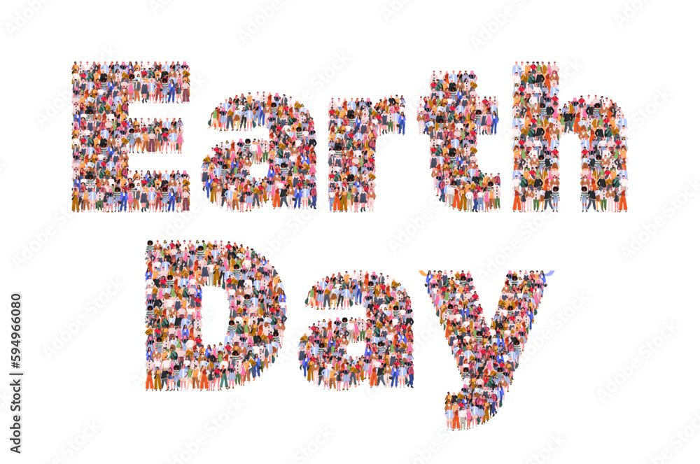 Large group of people in form of word Earth Day. Happy earth day April 22. Ecology concept. People standing together. A crowd of male and female characters. Flat vector illustration isolated on white Large group of people in form of word Earth Day. Happy earth day April 22. Ecology concept. People standing together. A crowd of male and female characters. Flat vector illustration isolated on white