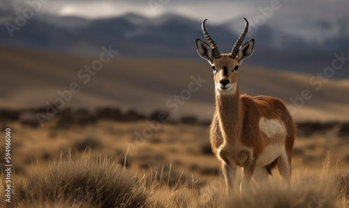 Photo of chiru (Panthalops hodgsoni), also called Tibetan antelope, standing gracefully on the Tibetan Plateau vast and open landscape. Generative AI