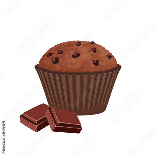 Chocolate muffin with chocolate pieces isolated on white background. Vector cartoon illustration of sweet cupcake.