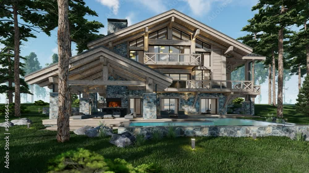 4K video rendering of modern cozy chalet with pool and parking for sale or rent. Beautiful forest mountains on background. Massive timber beams columns. Clear sunny summer day with cloudless sky.Fly 4K video rendering of modern cozy chalet with pool and parking for sale or rent. Beautiful forest mountains on background. Massive timber beams columns. Clear sunny summer day with cloudless sky.Fly