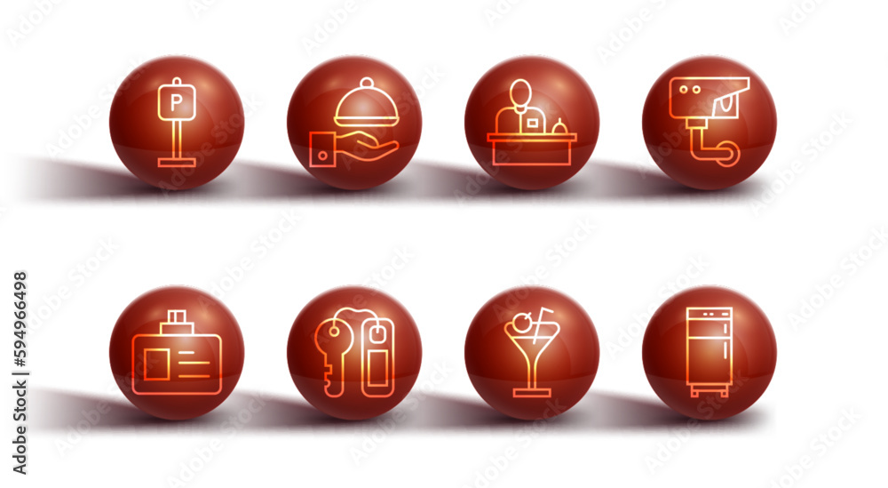 Set line Parking, Identification badge, Security camera, Martini glass, Hotel door lock key, Covered with tray, Refrigerator and reception desk icon. Vector Set line Parking, Identification badge, Security camera, Martini glass, Hotel door lock key, Covered with tray, Refrigerator and reception desk icon. Vector
