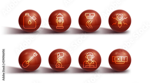 Set line Canister fuel, Fire shovel, Electricity spark, Firefighter, Bucket extinguishing fire, hydrant, exit and Smoke alarm system icon. Vector