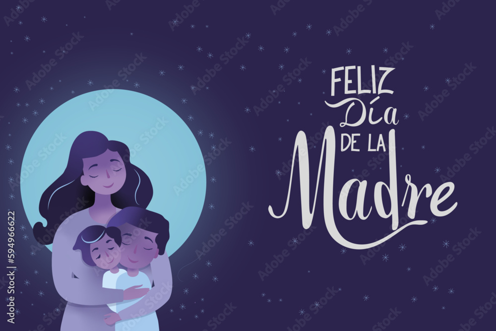 Fototapeta premium A mother embraces her two children,celebrating Mother's Day with the full moon and the stars