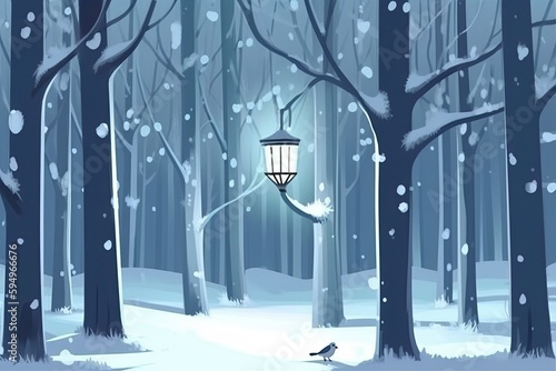 bird walking through a winter wonderland forest. Generative AI