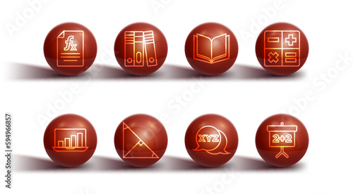 Set line Function mathematical symbol, Laptop with graph chart, Calculator, XYZ Coordinate system, Angle bisector of triangle, Office folders, Chalkboard and Open book icon. Vector