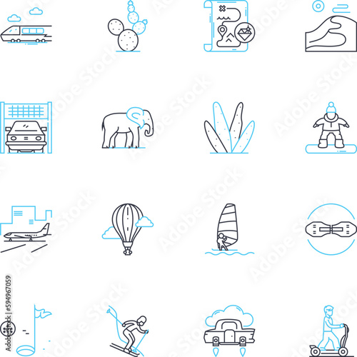 Thrill-seeking trip linear icons set. Adventure, Excitement, Adrenaline, Rush, Thrill, Danger, Fear line vector and concept signs. Courage,Exploration,Challenge outline illustrations