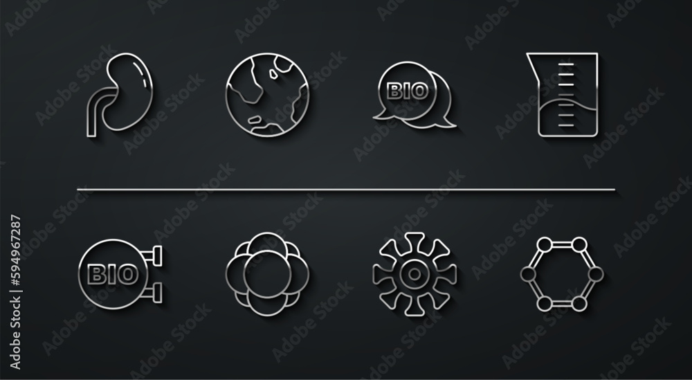 Set line Human kidney, Bio healthy food, Laboratory glassware or beaker, Bacteria, Molecule, Earth globe, and icon. Vector Set line Human kidney, Bio healthy food, Laboratory glassware or beaker, Bacteria, Molecule, Earth globe, and icon. Vector