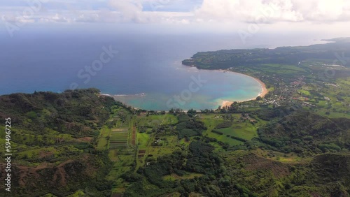 Stunning aerial shot captures the natural beauty of Hanalei Bay, showcasing the greenery, ocean ,and shoreline. Cinematic arial view of tropical coastline, Kauai, Hawaii, USA. Shot from a  helicopter photo