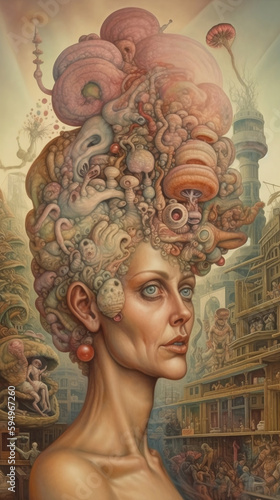 abstract female head surrounded by fungi and a bizarre city, victorian-inspired illustrations, fantasy artwork, muted tones, woman with full of many different things in her head, generative ai