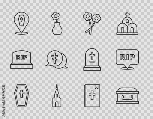 Set line Coffin with cross, Flower, Church building, Grave, Holy bible book and Speech bubble rip death icon. Vector