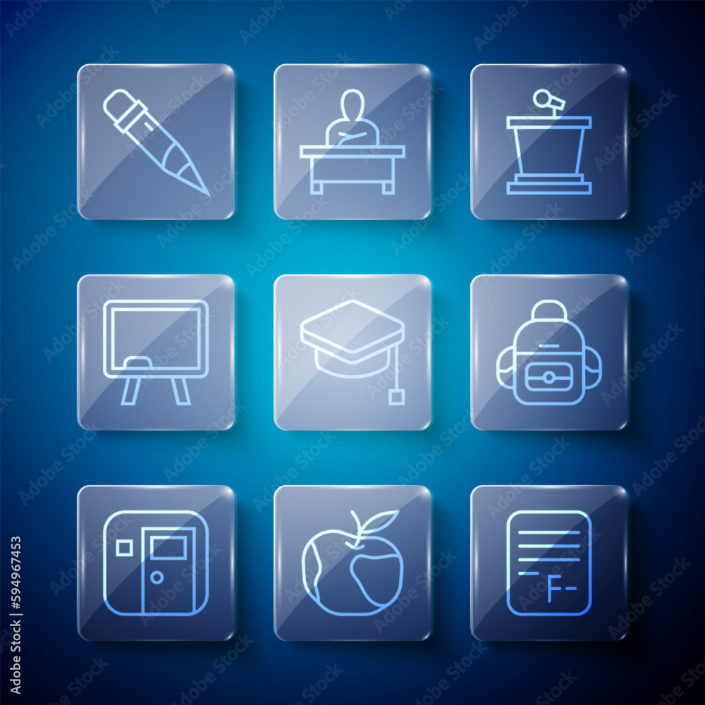 Set line School classroom, Apple, Exam paper with incorrect answers, Stage stand, Graduation cap, Chalkboard, Pencil eraser and backpack icon. Vector Set line School classroom, Apple, Exam paper with incorrect answers, Stage stand, Graduation cap, Chalkboard, Pencil eraser and backpack icon. Vector