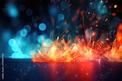 Abstract background with fire and flames effects and blue bokeh color lighting effects Generative AI Illustration