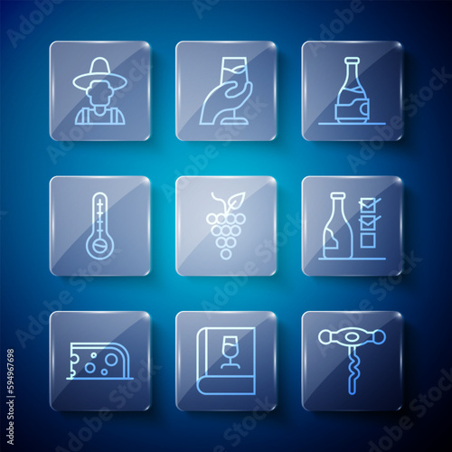 Set line Cheese, Book about wine, Wine corkscrew, Bottle of, Bunch grapes, Meteorology thermometer, Farmer hat and icon. Vector