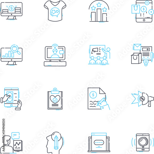 Publicity campaigns linear icons set. Exposure, Promotion, Outreach, Awareness, Buzz, Announcements, Hype line vector and concept signs. Advertisements,Branding,Marketing outline illustrations