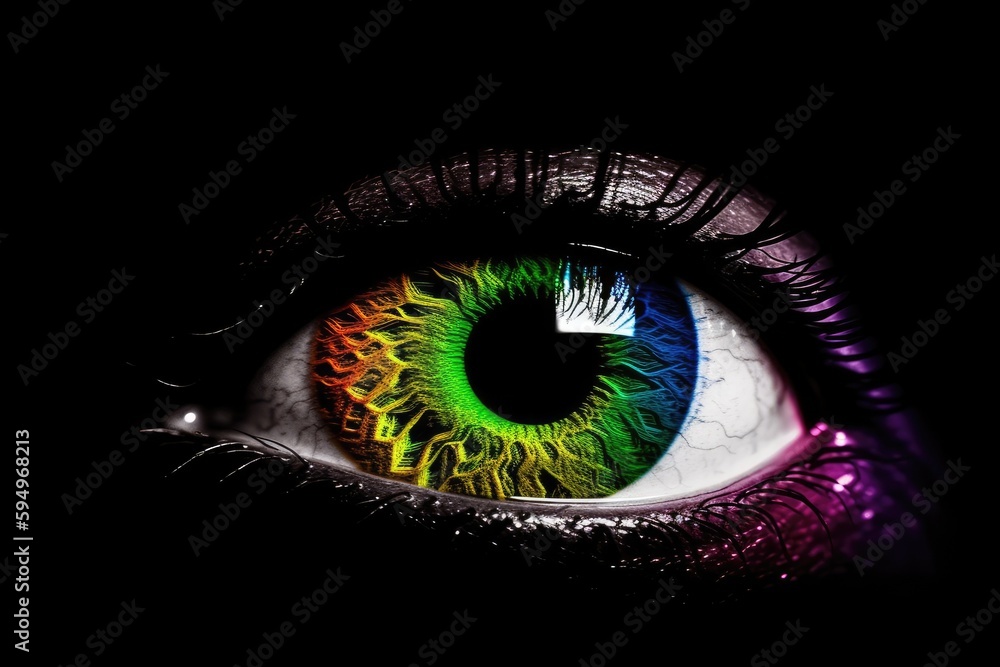 vibrant rainbow-colored eye close-up. Generative AI