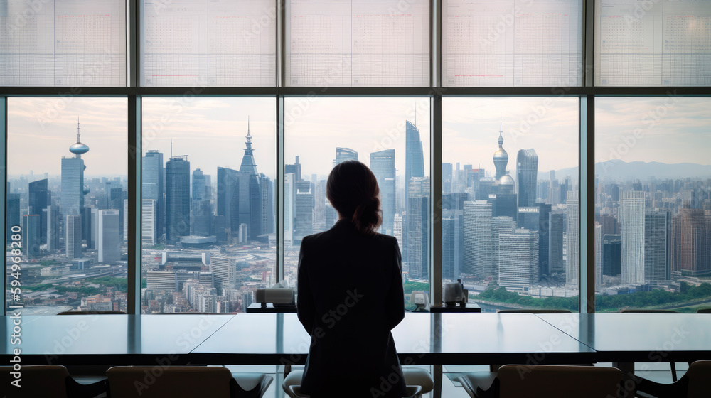 Back view of a businesswoman in a meeting room of a large company in a skyscraper. Generative AI Back view of a businesswoman in a meeting room of a large company in a skyscraper. Generative AI