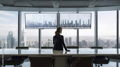 Back view of a businesswoman in a meeting room of a large company in a skyscraper. Generative AI