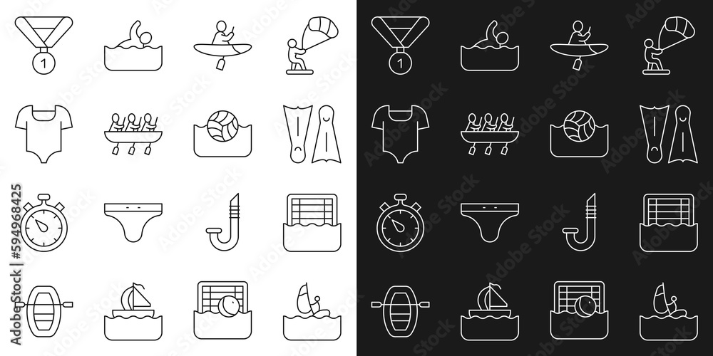 Set line Windsurfing, Water polo, Flippers for swimming, Kayak and paddle, Canoe rowing team sports, Swimsuit, Medal and icon. Vector