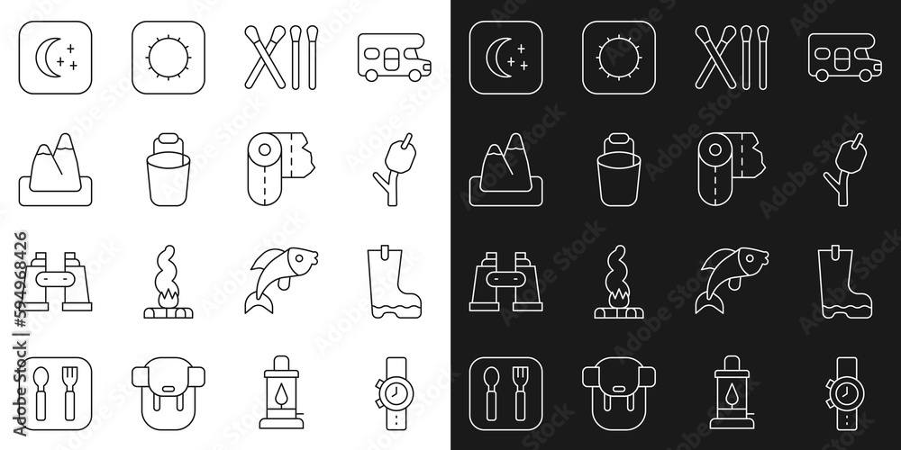 Set line Wrist watch, Waterproof rubber boot, Marshmallow on stick, Match, Bucket, Mountains, Moon and stars and Paper towel roll icon. Vector Set line Wrist watch, Waterproof rubber boot, Marshmallow on stick, Match, Bucket, Mountains, Moon and stars and Paper towel roll icon. Vector
