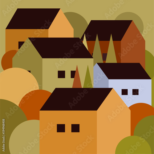 Geometric illustration of packed houses with trees