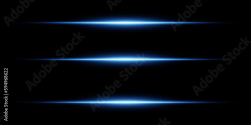 Blue neon stripes or light flash. Laser beams, horizontal beams. Beautiful light reflections. Glowing stripes on a black background.