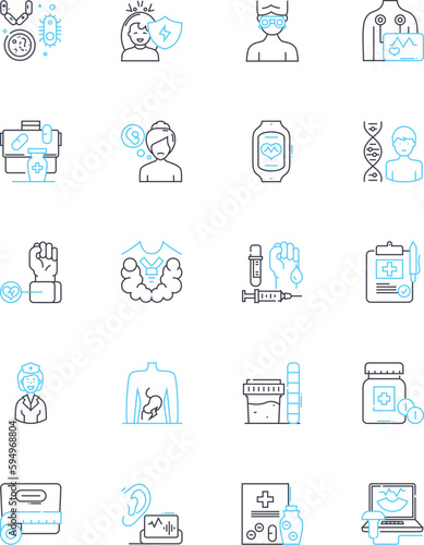 Infirmary linear icons set. Healthcare, Hospital, Ward, Emergency, Patients, Nurses, Doctors line vector and concept signs. Medicine,Injured,Illness outline illustrations