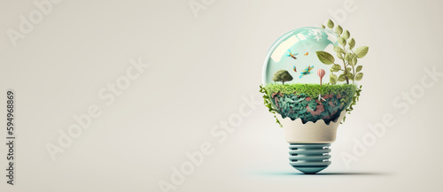 Eco friendly lightbulb banner with copy space, Sustainable and Renewable energy. Generative Ai