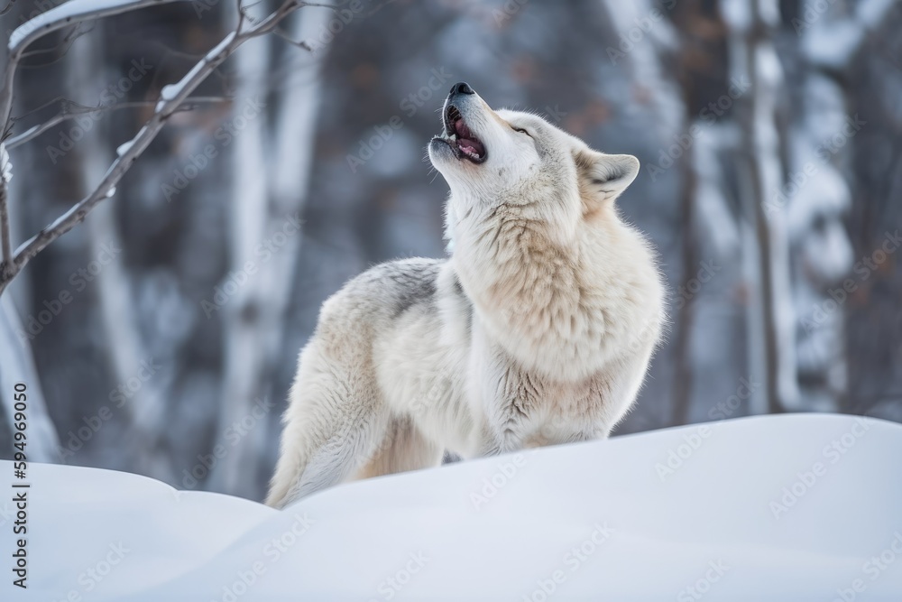 Obraz premium majestic wolf standing on a snow-covered hilltop. Generative AI