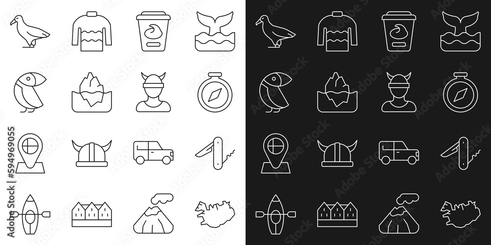 Set line Map of Iceland, Swiss army knife, Compass, Yogurt container, Iceberg, Albatross, and Viking head icon. Vector