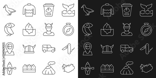 Set line Map of Iceland  Swiss army knife  Compass  Yogurt container  Iceberg  Albatross  and Viking head icon. Vector