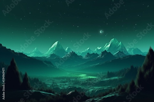 Mountain night landscape with mystical green light, starry night sky 3d illustration. Generative AI