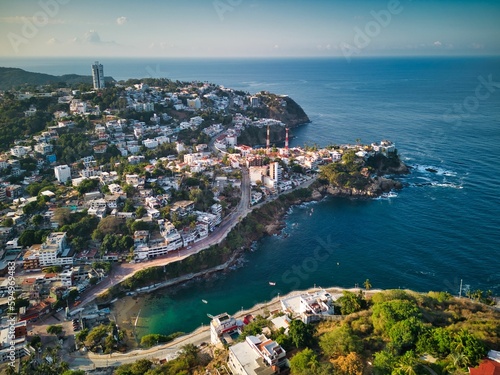 Aerial of Marina in Acapulco skyline surrounded by the beach and the sea