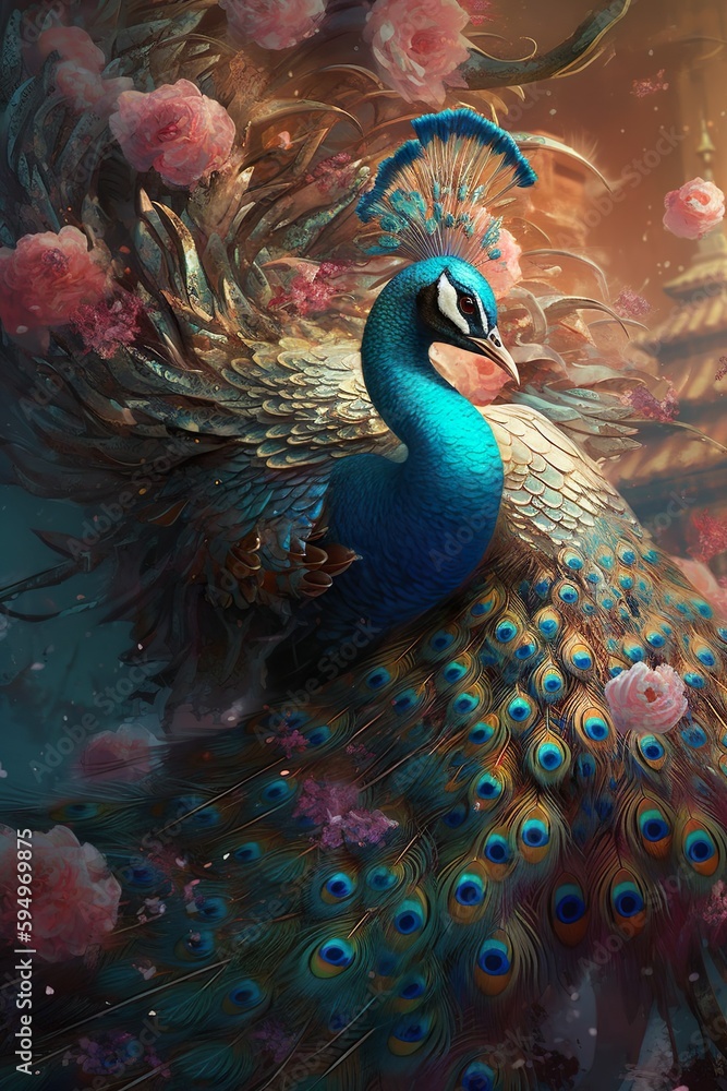 Obraz premium Peacock on flowers beautiful background. Luxury Generative AI