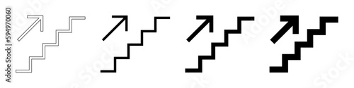 Stairs up icons set. Stairs with up arrow black icon. Vector isolated on white background.
