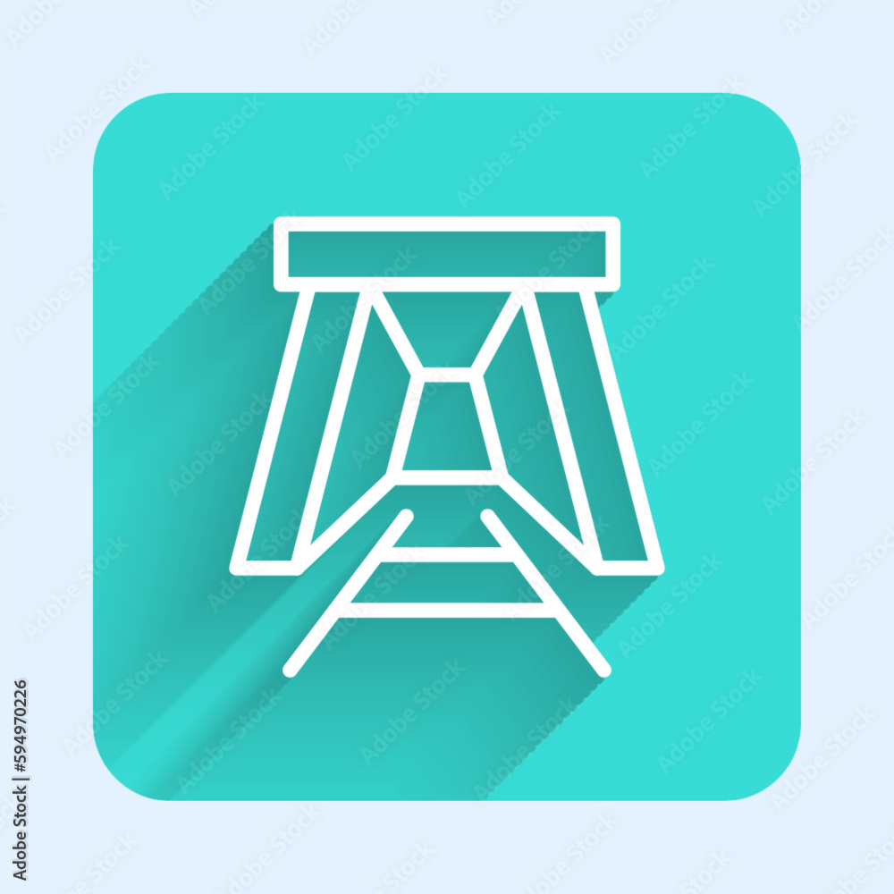 White line Mine entrance icon isolated with long shadow background. Green square button. Vector White line Mine entrance icon isolated with long shadow background. Green square button. Vector