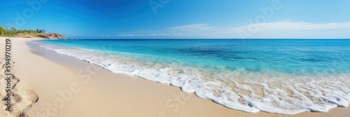 Panorama tropical sea and sandy beach with blue sky banner. Generative AI