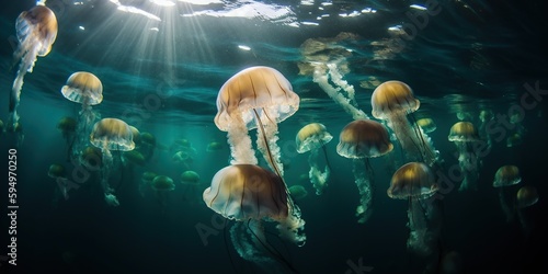 A school of jellyfish moving gracefully through the ocean currents, concept of Marine Ecosystem Dynamics, created with Generative AI technology