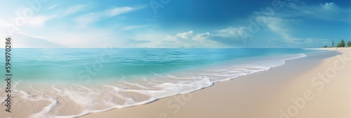 Panorama tropical sea and sandy beach with blue sky banner. Generative AI © CYBERUSS