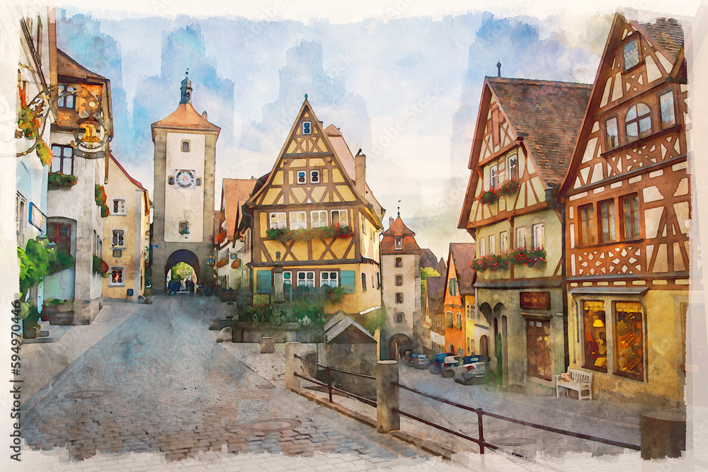 The picturesque medieval city of Rothenburg ob der Tauber, Bavaria, Germany. Watercolor painting.