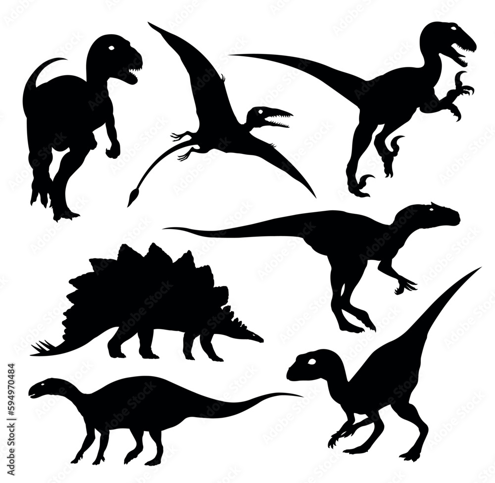 Set of dinosaurs silhouette vector illustrations black cut file ...