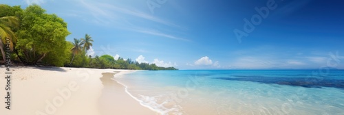 Panorama tropical sea and sandy beach with blue sky banner. Generative AI