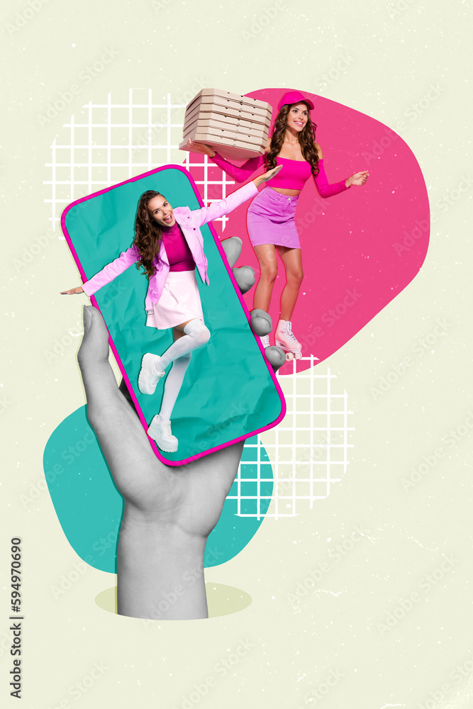 Creative collage advertisement of young girl courier app food delivery phone screen order italian pizza boxes isolated on drawn background Creative collage advertisement of young girl courier app food delivery phone screen order italian pizza boxes isolated on drawn background