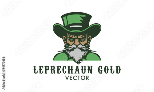 Vector brutal serious gray-bearded green leprechaun in a top hat. Logo, sticker or emblem. White isolated background.