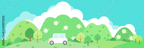 車と山の風景 背景バナー 1:3