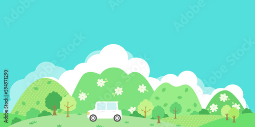 車と山の風景 背景バナー 1:2